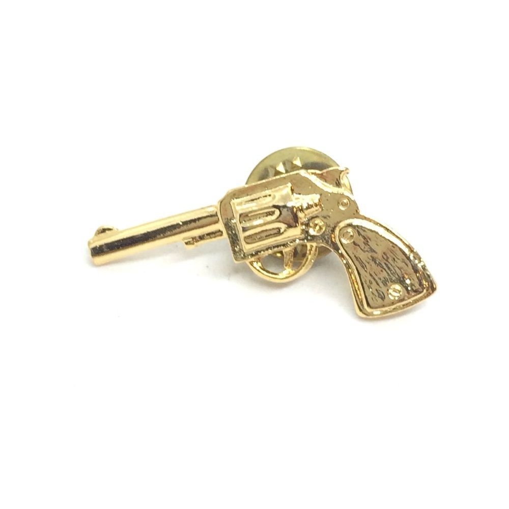VINTAGE REVOLVER GUN TIE TACK LAPEL PIN GOLD TONE WESTERN COWBOY - Picture 2 of 12